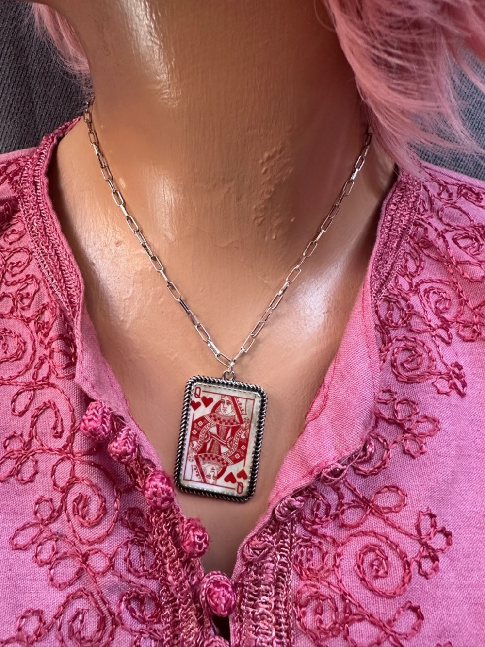 Queen of hearts playing card pendant necklace silver